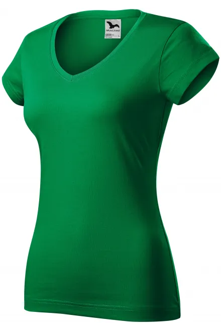 Levné dámské tričko s V-výstřihem zúžené, trávově zelená