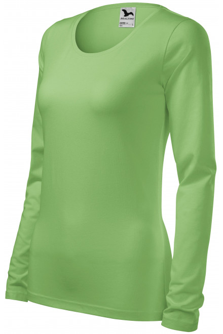 Levné dámské triko přiléhavé s dlouhým rukávem, hrášková zelená, levná bavlněná trička