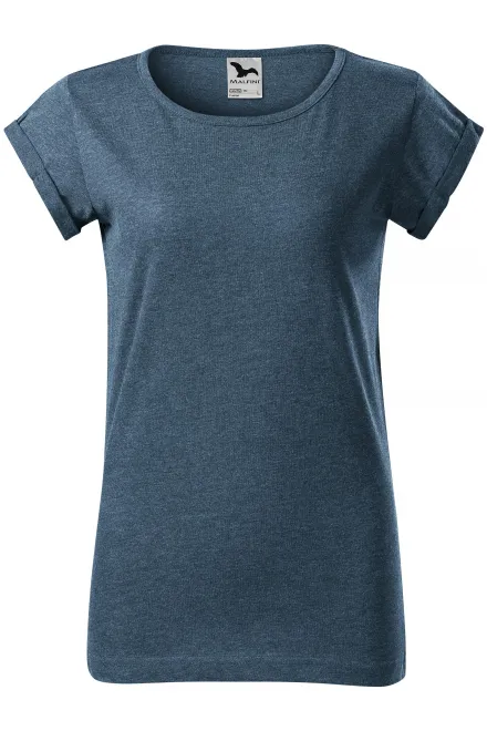 Levné dámské triko s vyhrnutými rukávy - tmavý denim melír, M