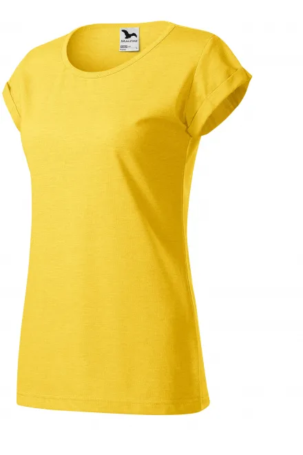 Levné dámské triko s vyhrnutými rukávy, žlutý melír