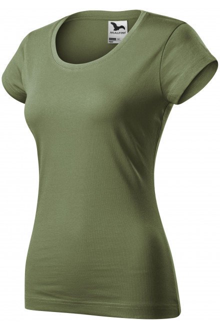 Levné dámské triko zúžené s kulatým výstřihem, khaki, levná trička s krátkými rukávy