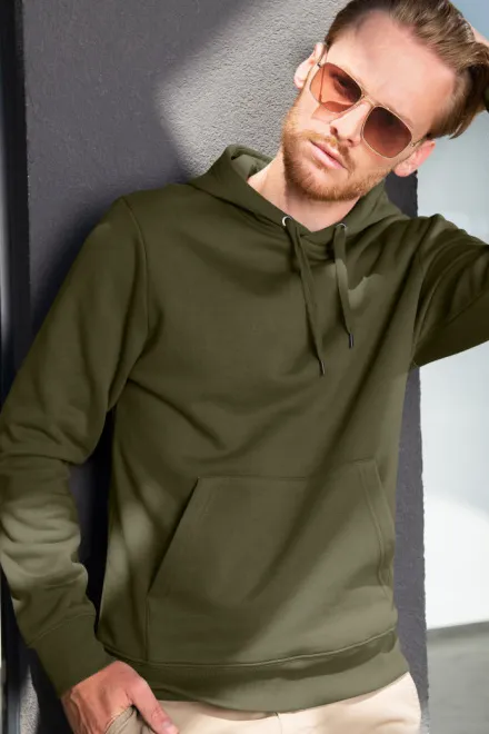 Levná pánská mikina bez zipu s kapucí, military