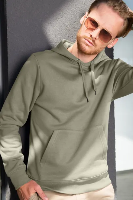 Levná pánská mikina bez zipu s kapucí, svetlá khaki Levná pánská mikina bez zipu s kapucí, svetlá khaki