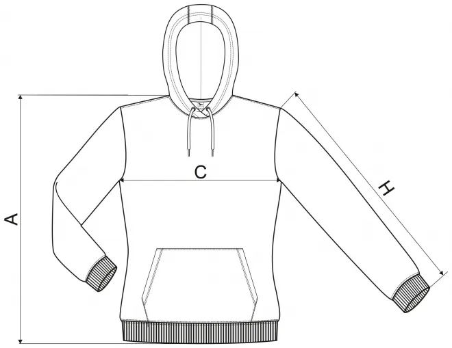 Levná dámská mikina bez zipu s kapucí - tabulka velikostí