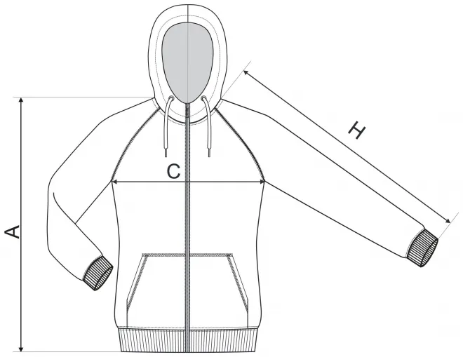 Levná dámská mikina kontrastní, s kapucí - tabulka velikostí