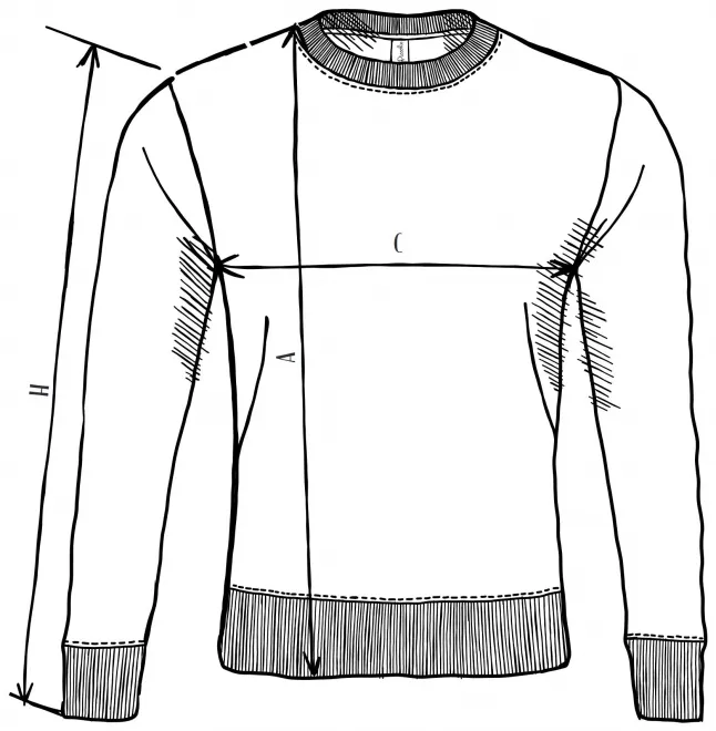 Levná lehká mikina - tabulka velikostí