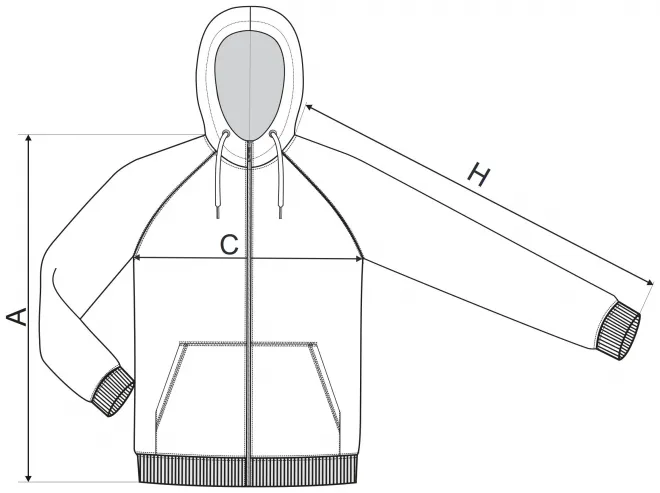 Levná pánská mikina kontrastní, s kapucí - tabulka velikostí